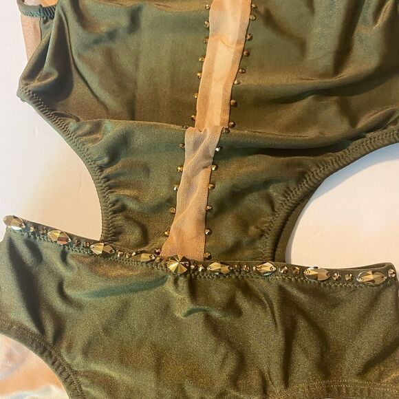 Custom solo dance costume leotard embellished olive green gold rhinestone SA - Picture 5 of 13